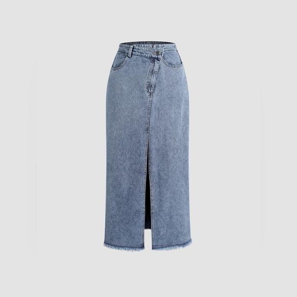 Commense Dresses & Skirts - Asymmetrical Button Pockets Slit Denim Maxi Skirt - Commense